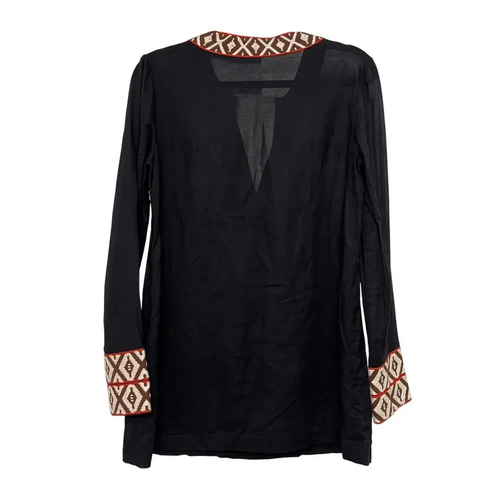 Tory Burch Tunic Long Sleeve Top Navy‎ Size 4 Tribal Beach Cover Embroider Sheer